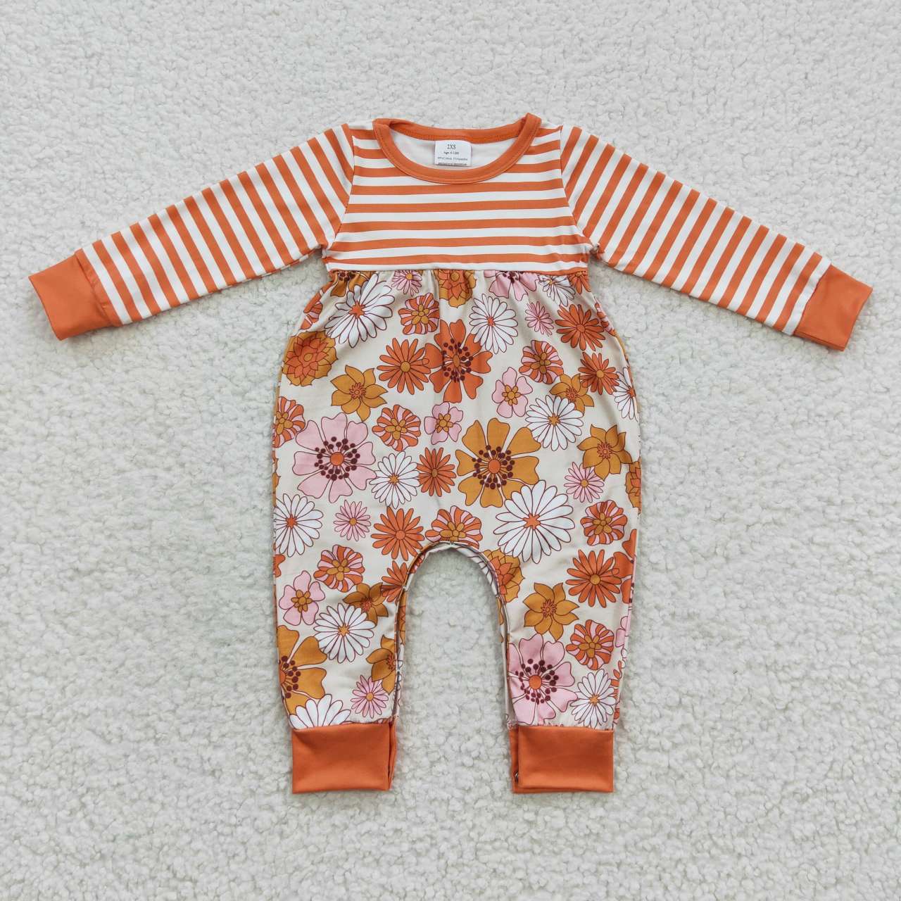 LR0323 Baby girls orange flowers stripes fall romper