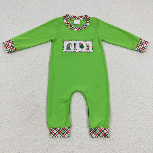 LR0325 Baby boys green frog Christmas embroidery romper