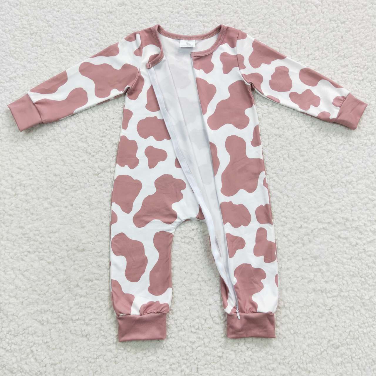 LR0333 Baby brown cow print long sleeve zipper romper