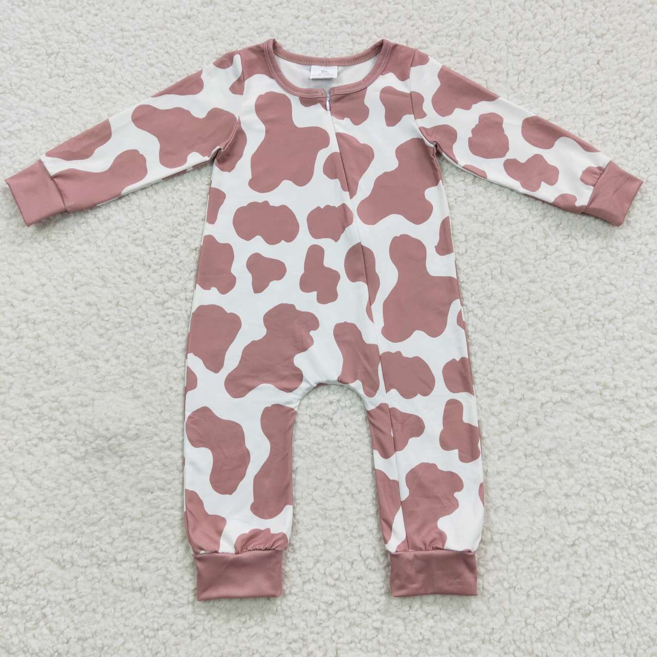 LR0333 Baby brown cow print long sleeve zipper romper