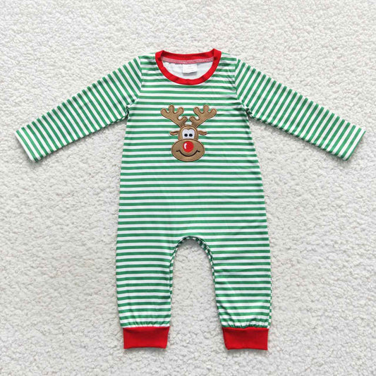 LR0338 Baby boys green stripes Christmas deer embroidery romper