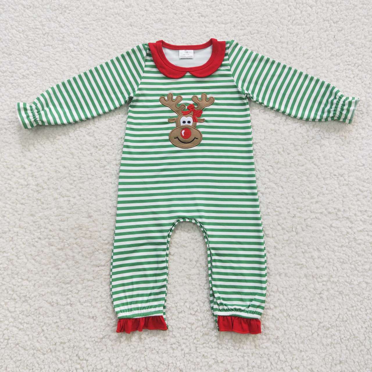 LR0339 Baby girls green stripes Christmas deer romper