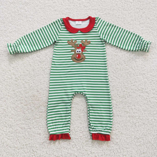 LR0339 Baby girls green stripes Christmas deer romper