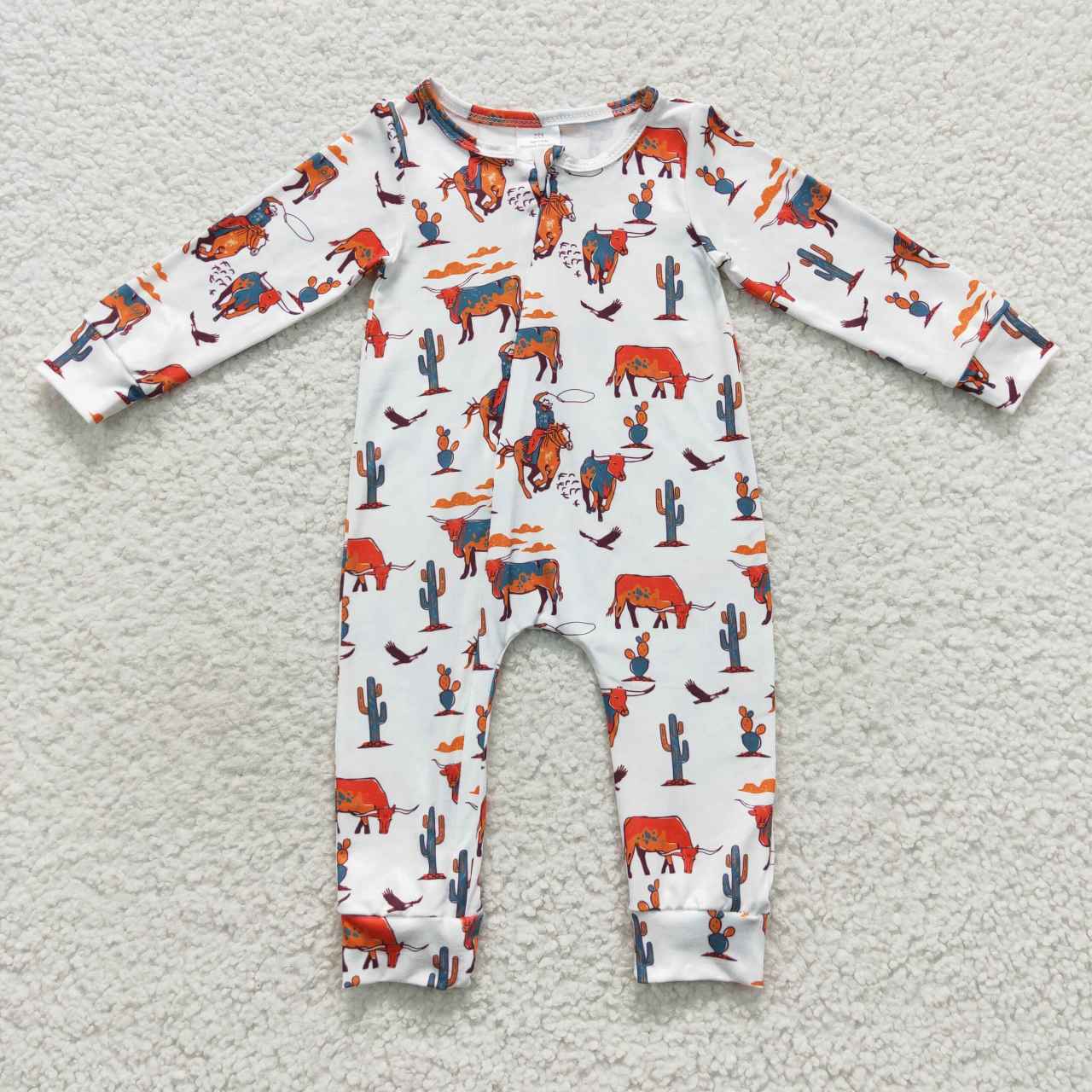 LR0341 Baby white cowboy zipper western romper