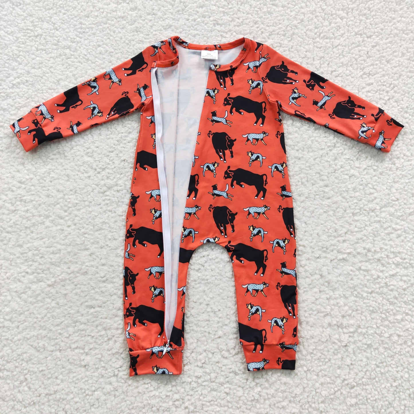 LR0342 Baby red cow zipper western romper