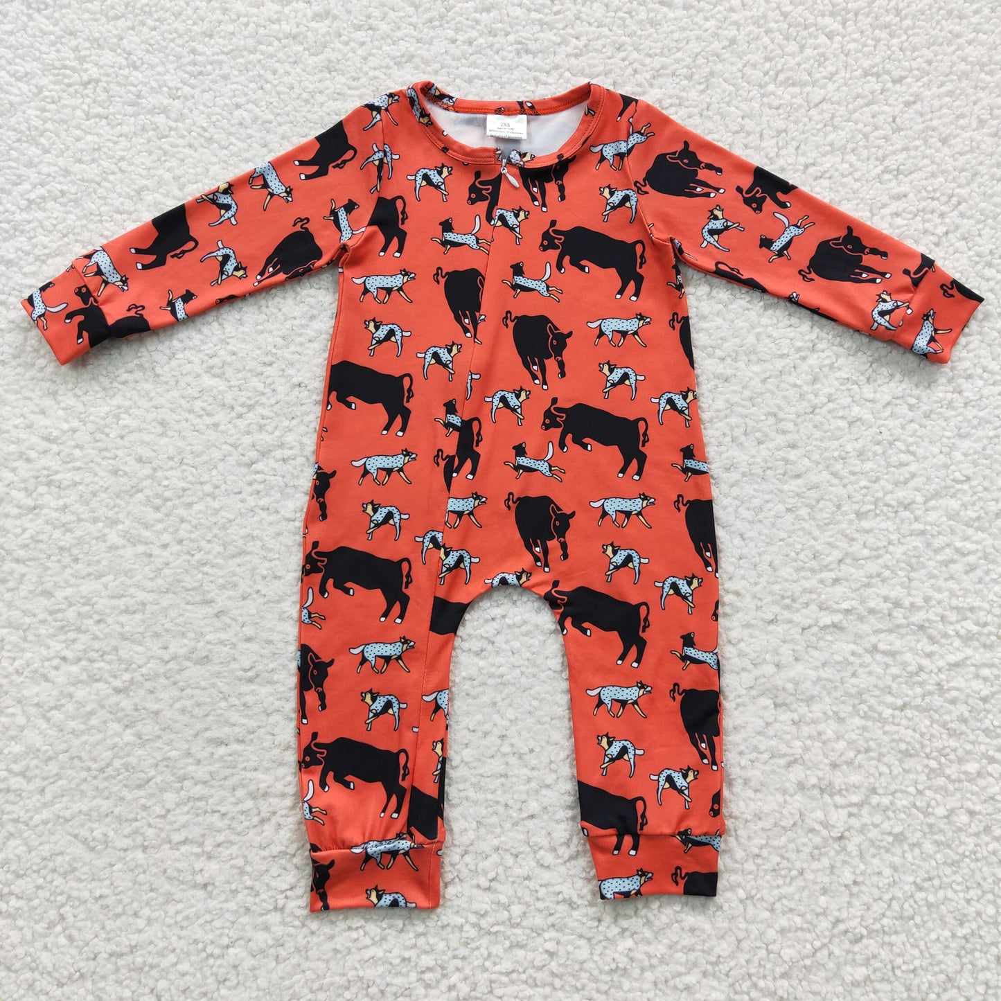 LR0342 Baby red cow zipper western romper