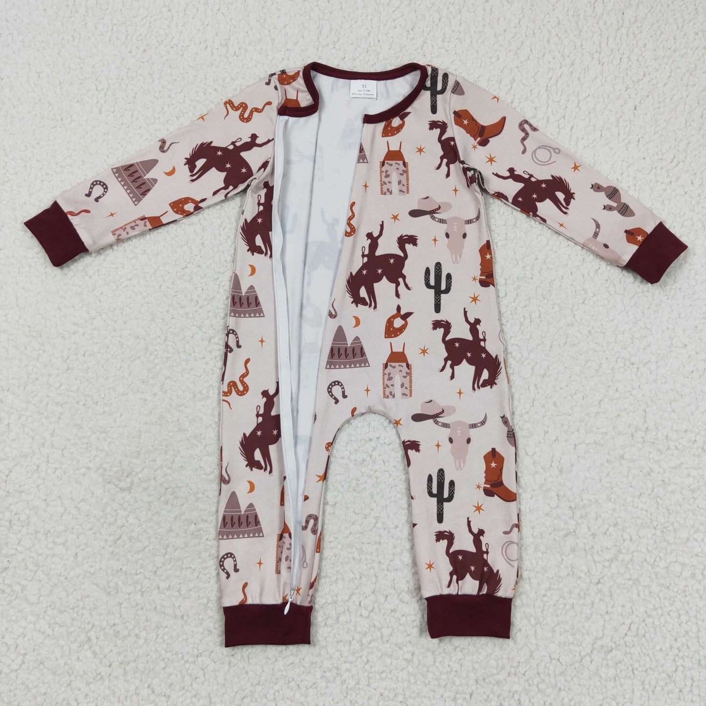 LR0344 Baby brown cowboy western zipper romper