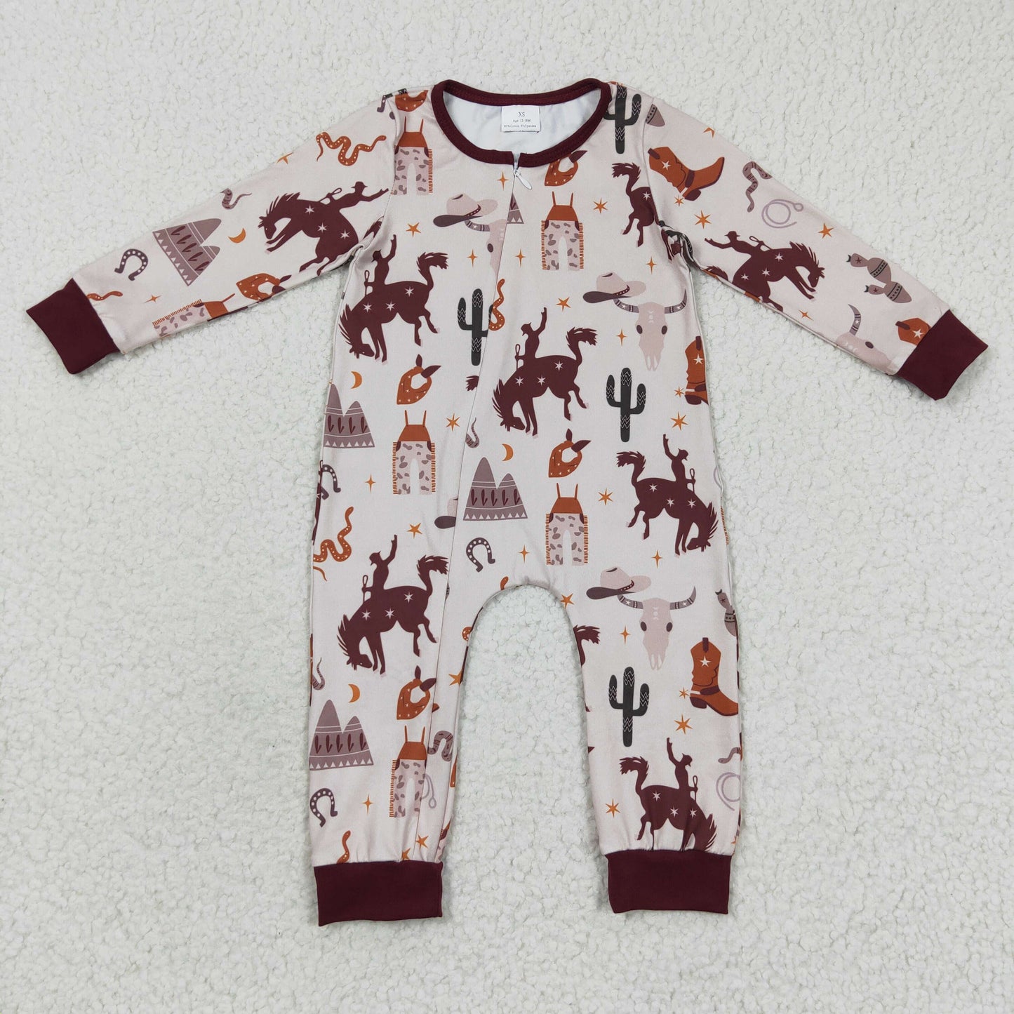 LR0344 Baby brown cowboy western zipper romper