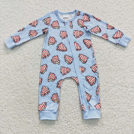 LR0345 Baby boys blue Christmas little debbie cakes zipper romper