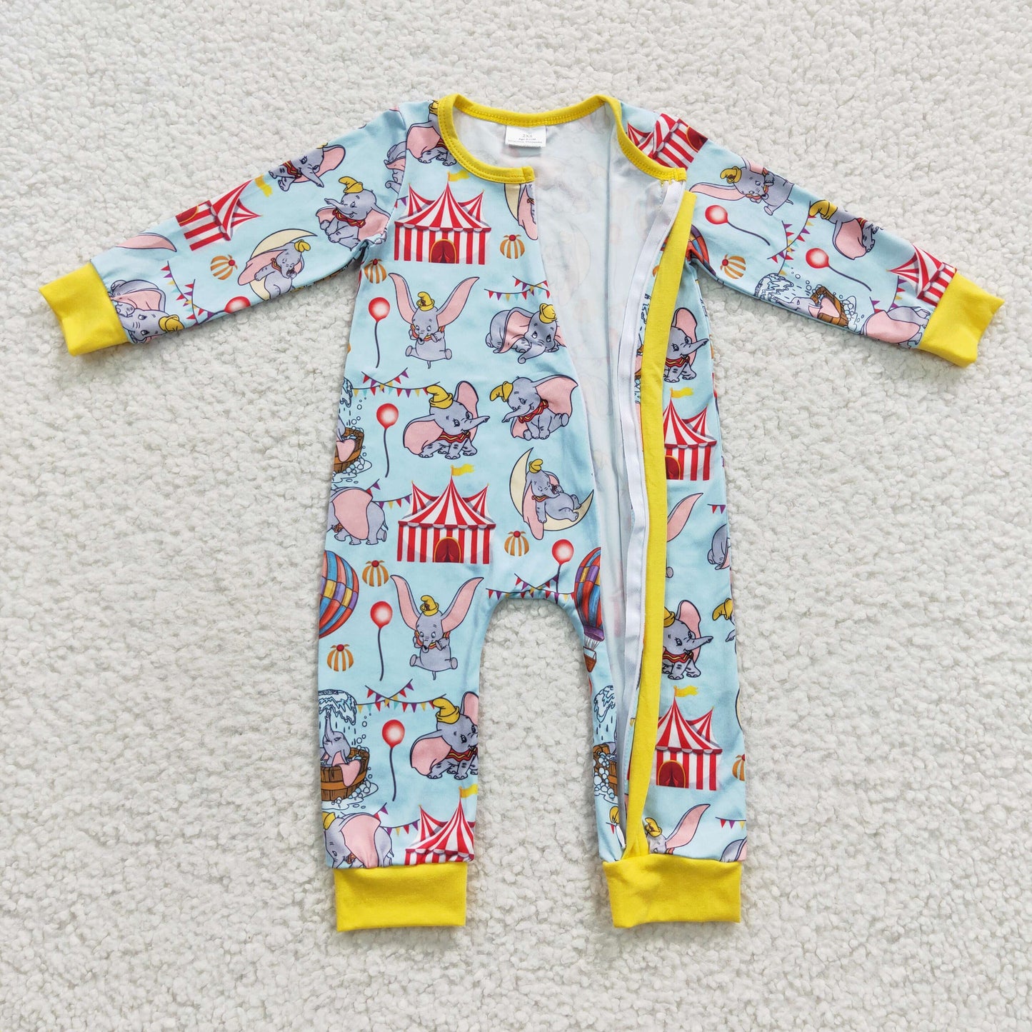 LR0346 Baby blue cartoon elephant zipper romper