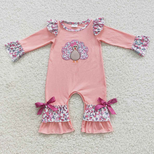 LR0358 Baby girls pink flowers turkey embroidery romper