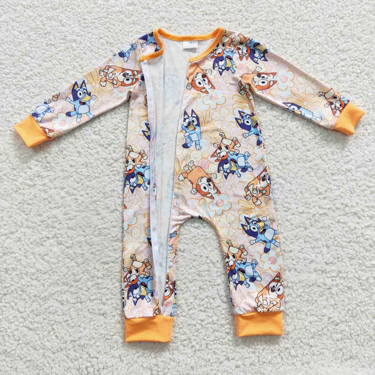 LR0360 Baby girls orange flowers cartoon dog zipper romper