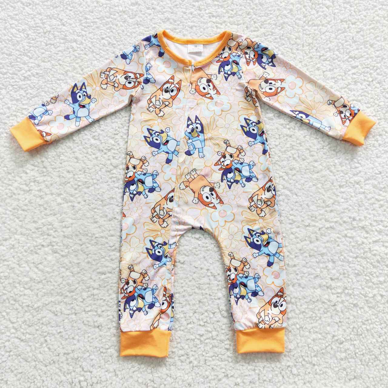 LR0360 Baby girls orange flowers cartoon dog zipper romper