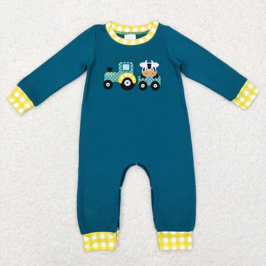 LR0377 Tractors Cow Embroidery Print Baby Boys Romper