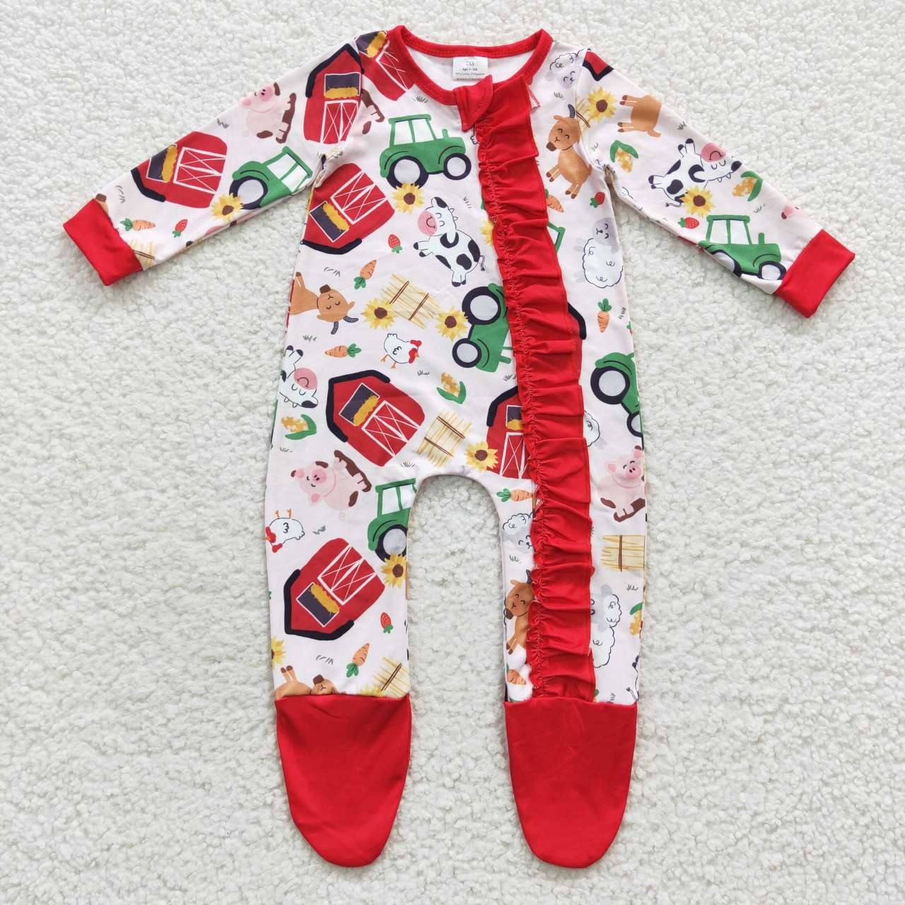 LR0378 Farm design animals print baby girls footed zipper romper