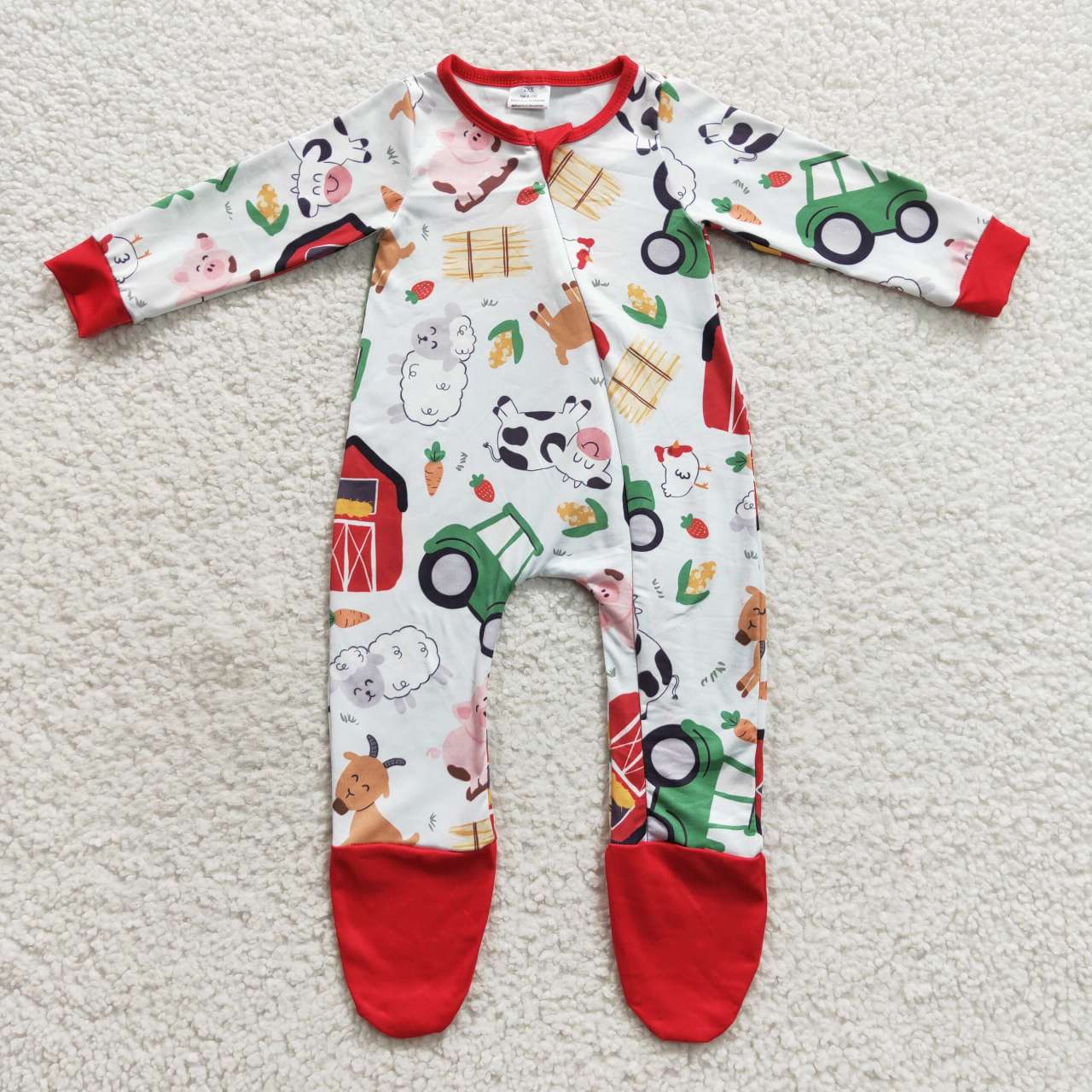 LR0379 Farm design animals print baby boys footed zipper romper