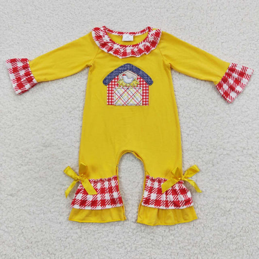 LR0383 Yellow farm embroidery baby girls romper