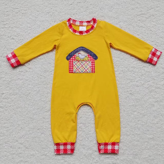 LR0384 Yellow farm chicken embroidery baby boys romper