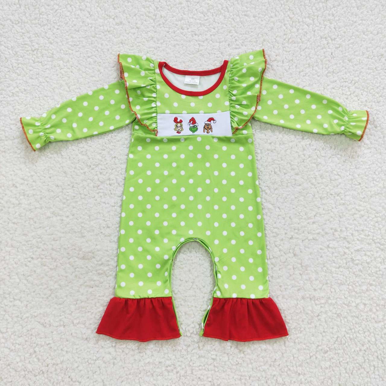 LR0387 Baby girls green frog embroidery print dots Christmas romper