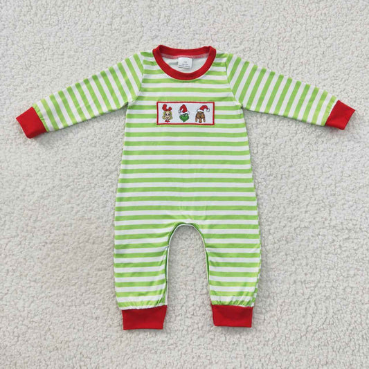 LR0388 Baby boys green stripes embroidery Christmas romper