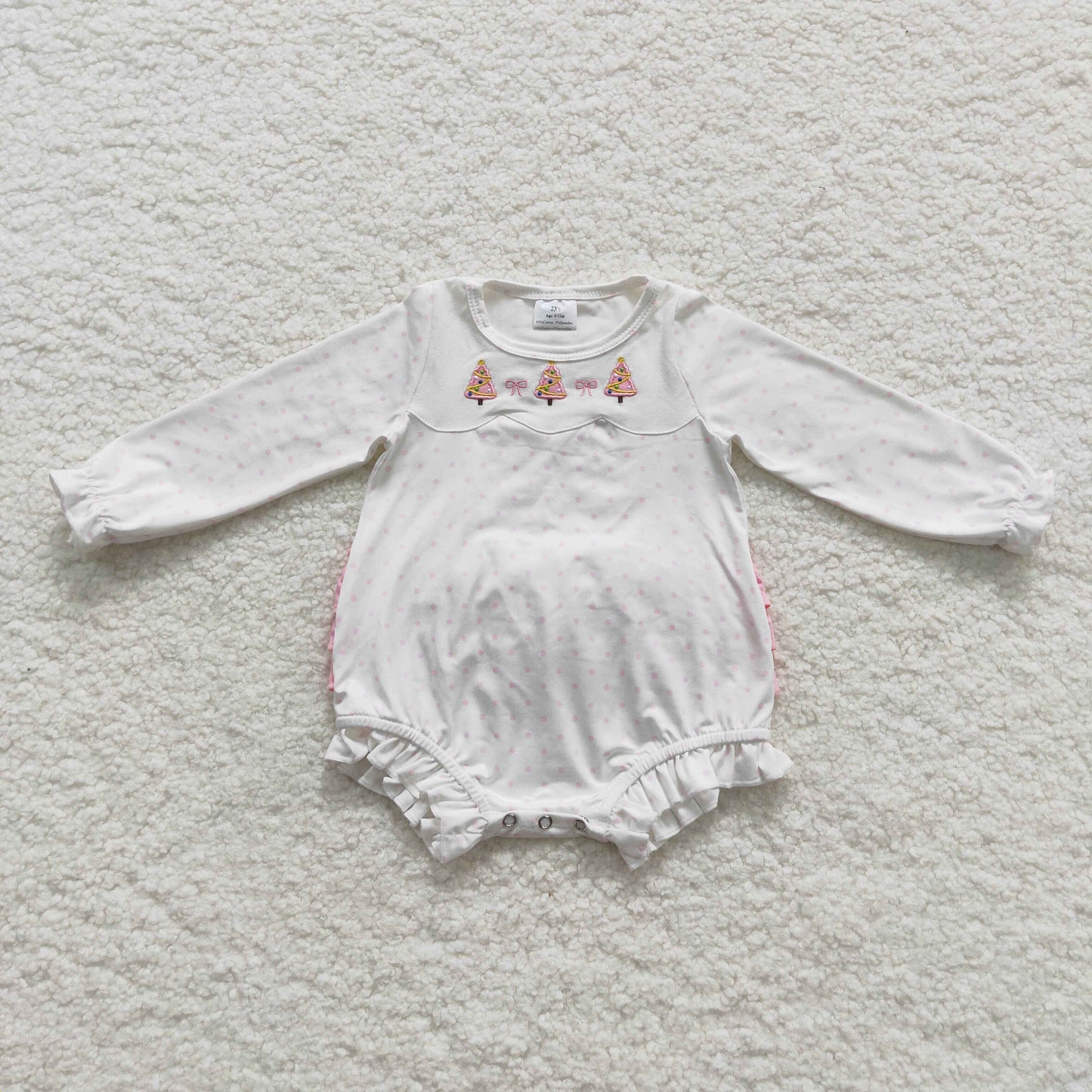 LR0392 White pink Christmas tree embroidery print baby girls bubble romper