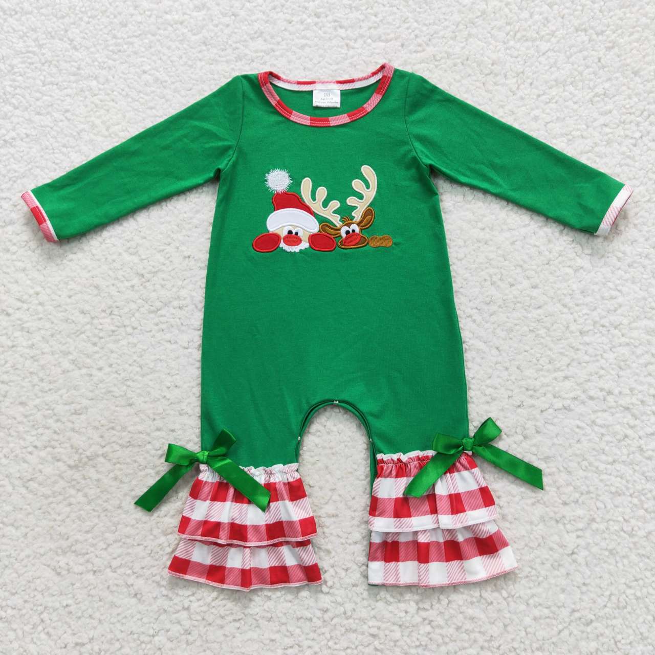 LR0395 Santa and deer embroidery green baby girls Christmas romper