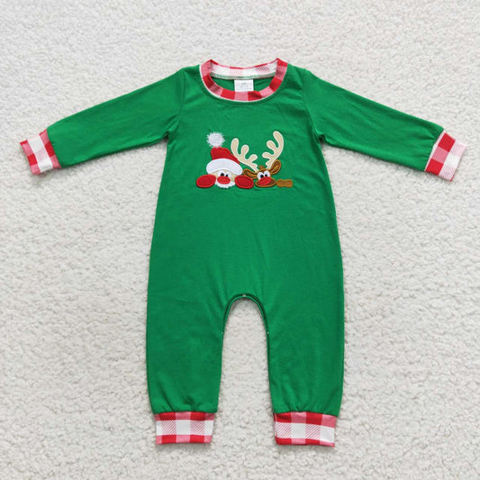 LR0396 Santa and deer embroidery green baby boys Christmas romper