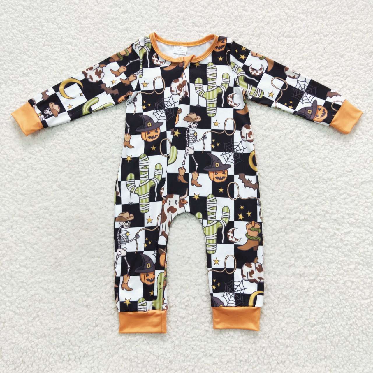 LR0404 Baby black gingham pumpkin western Halloween zipper romper