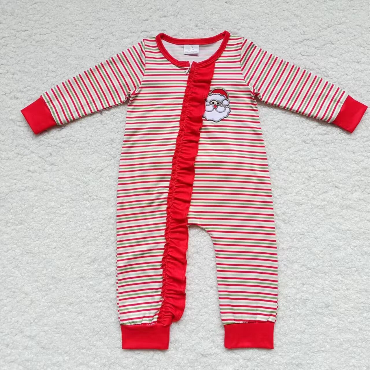 LR0441 Christmas santa embroidery stripes print baby girls zipper romper