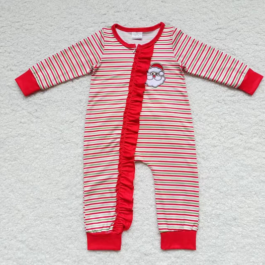 LR0441 Christmas santa embroidery stripes print baby girls zipper romper