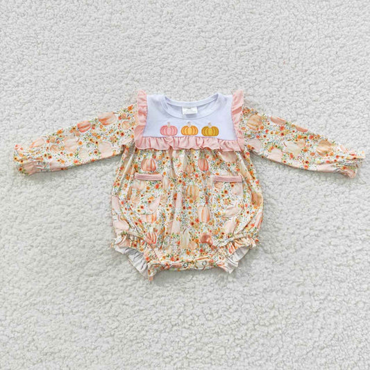 LR0450 Baby girls flowers pumpkin embroidery fall bubble romper