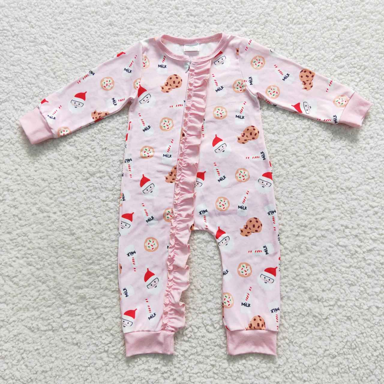 LR0471 Pink Christmas santa milk cookie print baby girls zipper romper