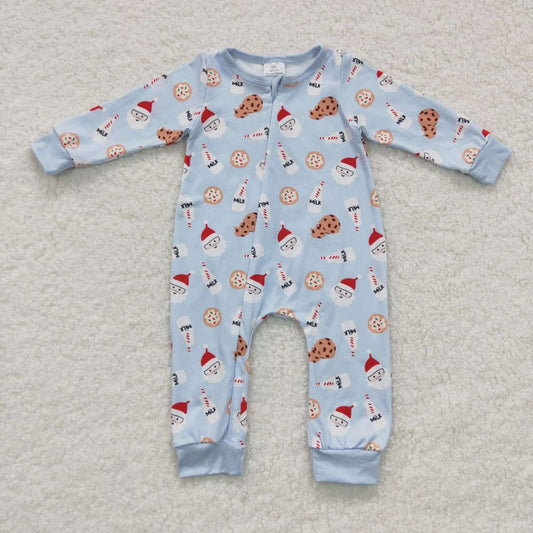 LR0472 Blue Christmas Santa milk cookie print baby boys zipper romper