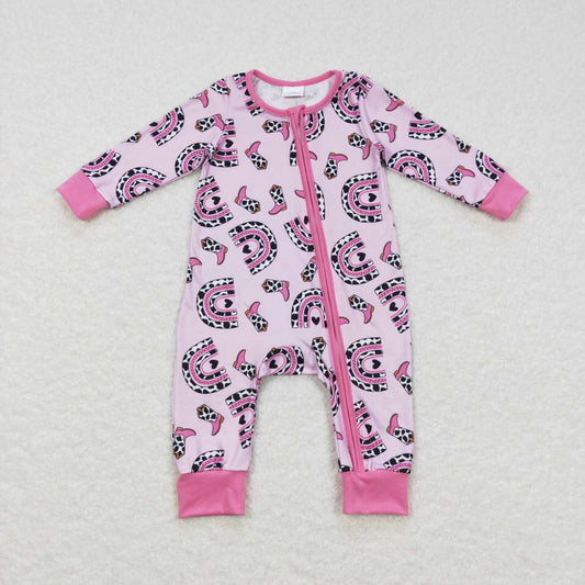 LR0490 Pink Boots Rainbow Print Baby Girls Zipper Sleeper Romper