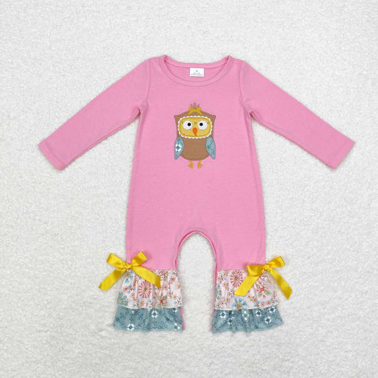 LR0494  Owl Embroidery Pink Color Baby Girls Fall Romper