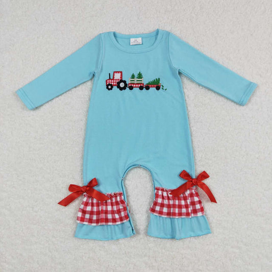 LR0499 Blue Christmas Tree Truck Embroidery Baby Girls Romper