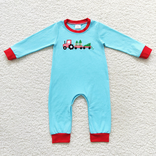 LR0500 Tree Truck Embroidery Blue Baby Boys Romper