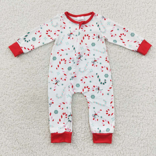 LR0506 Christmas candy cane baby boys zipper romper