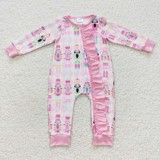 LR0509 Pink Christmas soldier print baby girls zipper romper