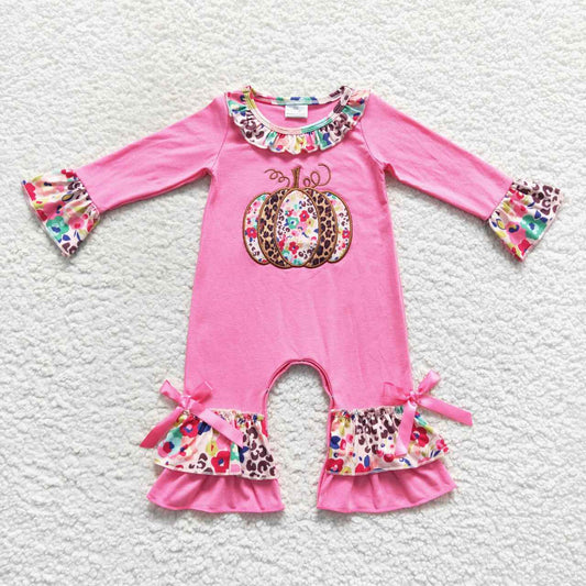 LR0511 Hot pink pumpkin flowers embroidery print baby girls fall romper