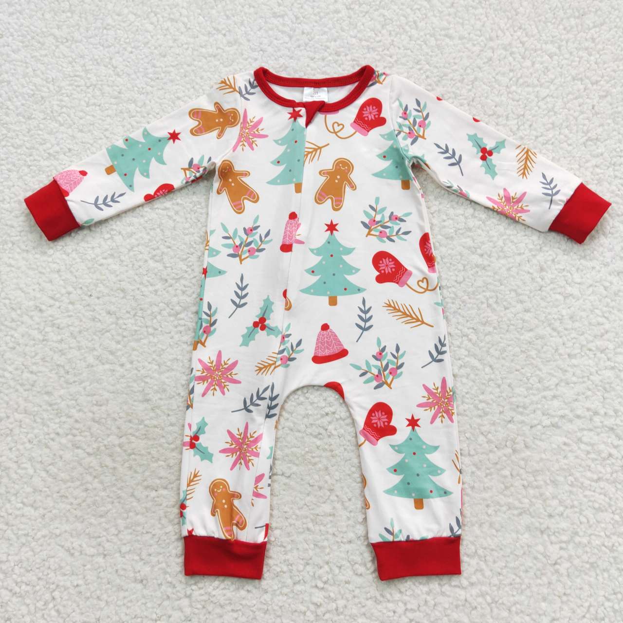 LR0522 Christmas tree & gingersnap print family set parent-child outfit baby zipper romper