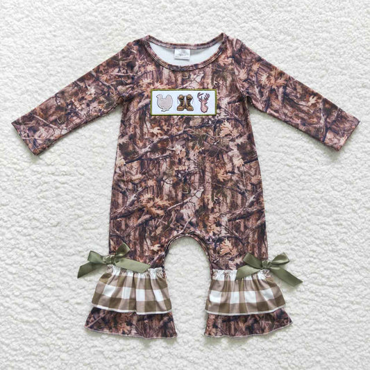 LR0526 Turkey boots deer embroidery camo hunting print baby girls romper