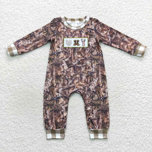 LR0527 Boots deer turkey embroidery print fall camo branch baby boys romper