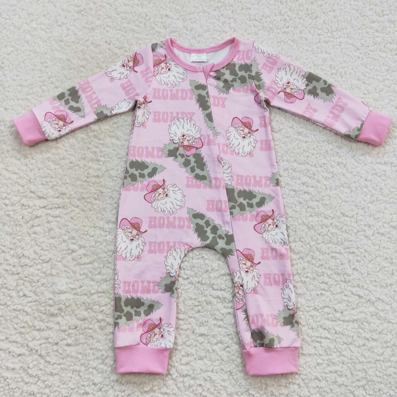 LR0548 Howdy Christmas Santa pink print baby girls zipper romper