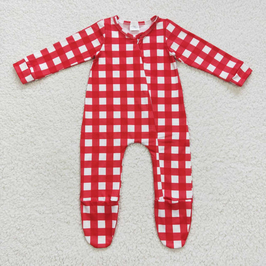 LR0549 Red plaid print baby footed Christmas zipper romper