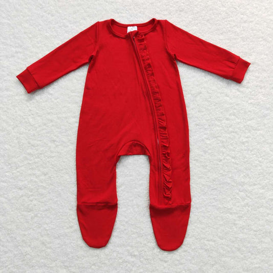 LR0550 Red Cotton Baby Girls Sleeper Footed Christmas Zipper Romper
