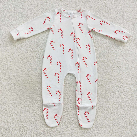 LR0551 Christmas candy cane print baby girls footed zipper romper