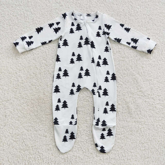 LR0552 Black tree print baby girls footed zipper romper