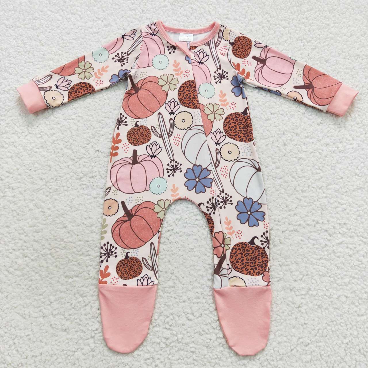 LR0553 Pink pumpkin print baby girls footed zipper romper