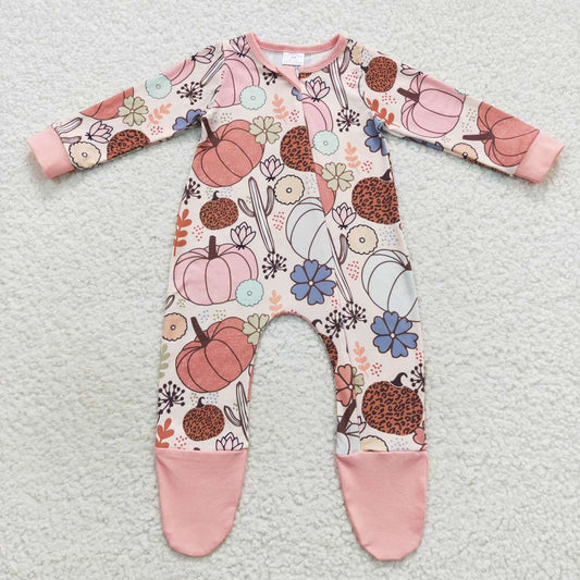 LR0553 Pink pumpkin print baby girls footed zipper romper